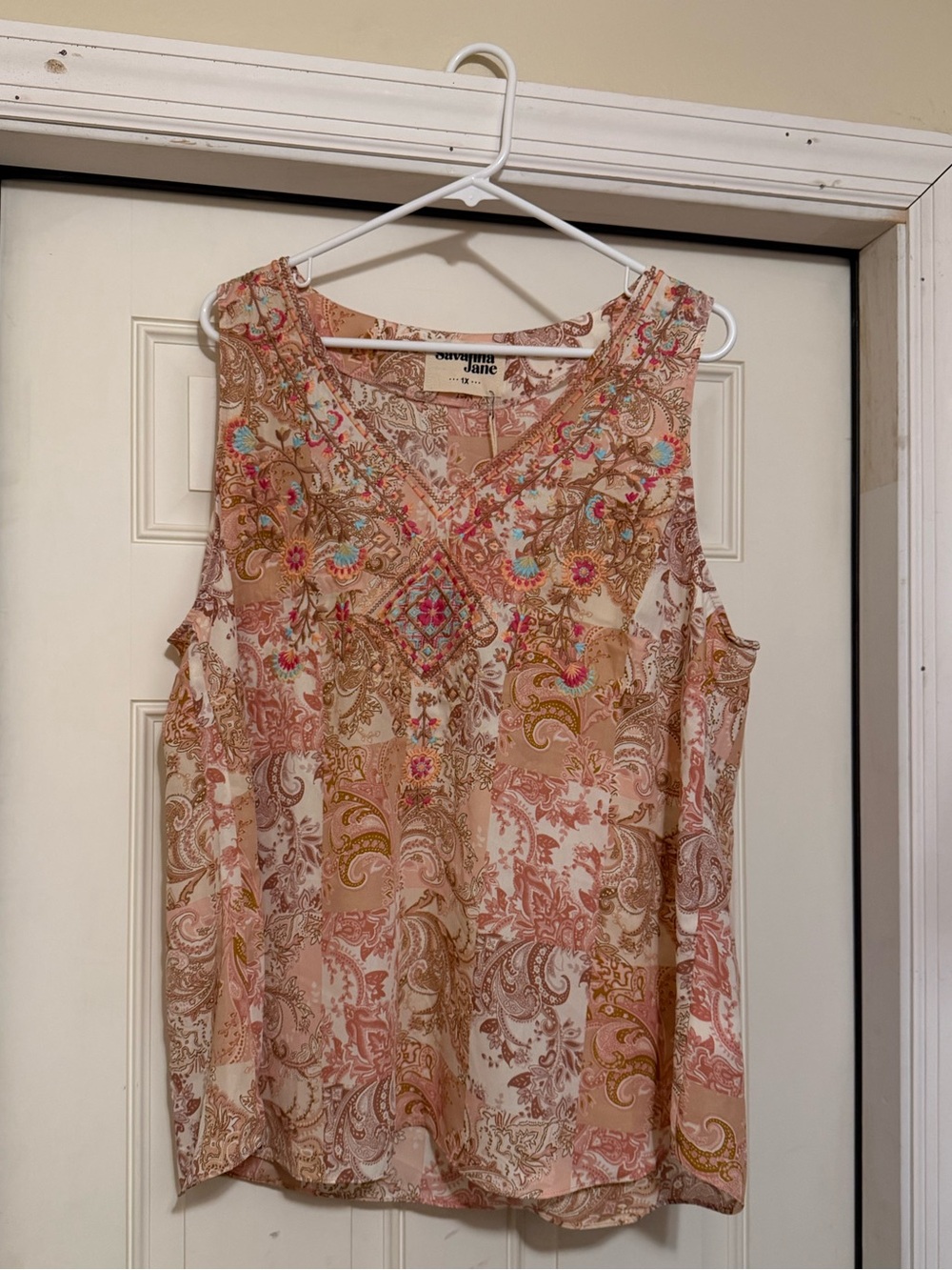 Savanna Jane 1X Sleeveless Embroidered Paisley Patchwork Boho Top NWT